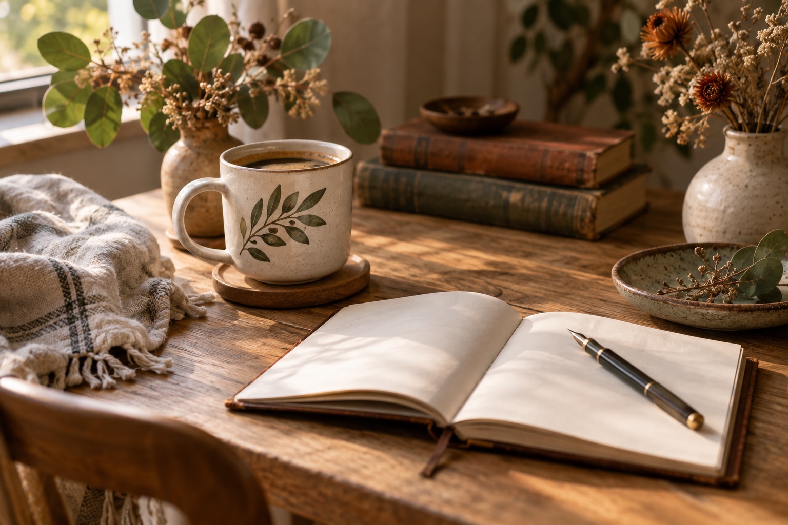 A leaf-patterned coffee mug and an open journal on a sunlit wooden table.